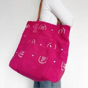 Y2K 2000s PINK Victoria’s Secret Love Pink Canvas Tote Bag Leather Straps School